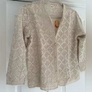 Vintage Hand Crochet Cotton Cardigan Button Front Small